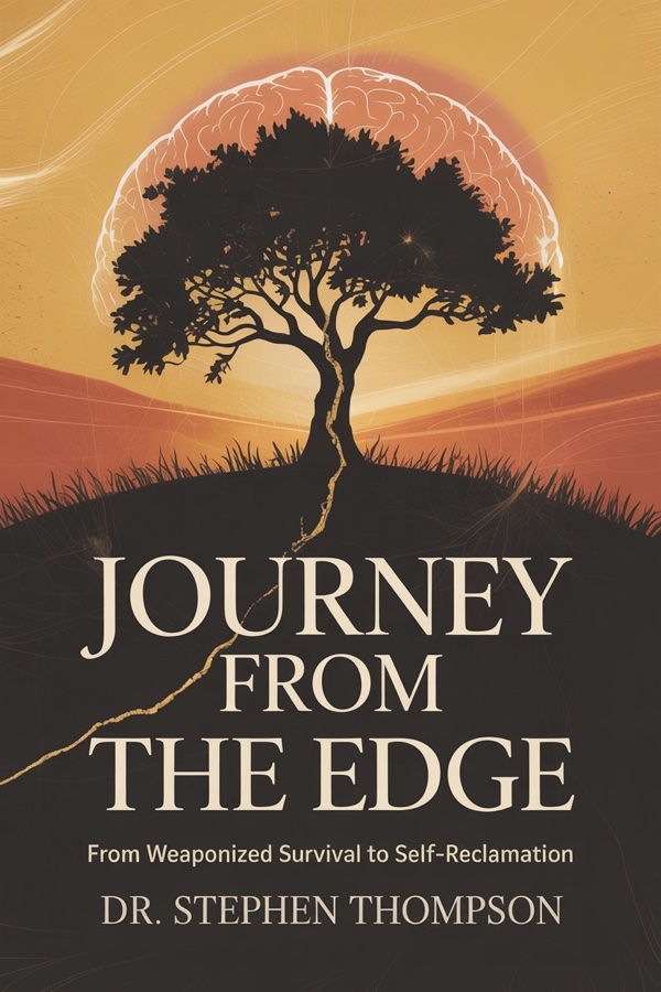 Cover of Journey from the Edge by Dr. Stephen Thompson, showing a tree whose canopy forms the shape of a brain against a warm sunset