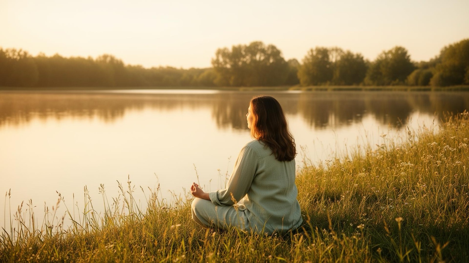 A person sitting quietly in tall grass beside a still lake at sunrise